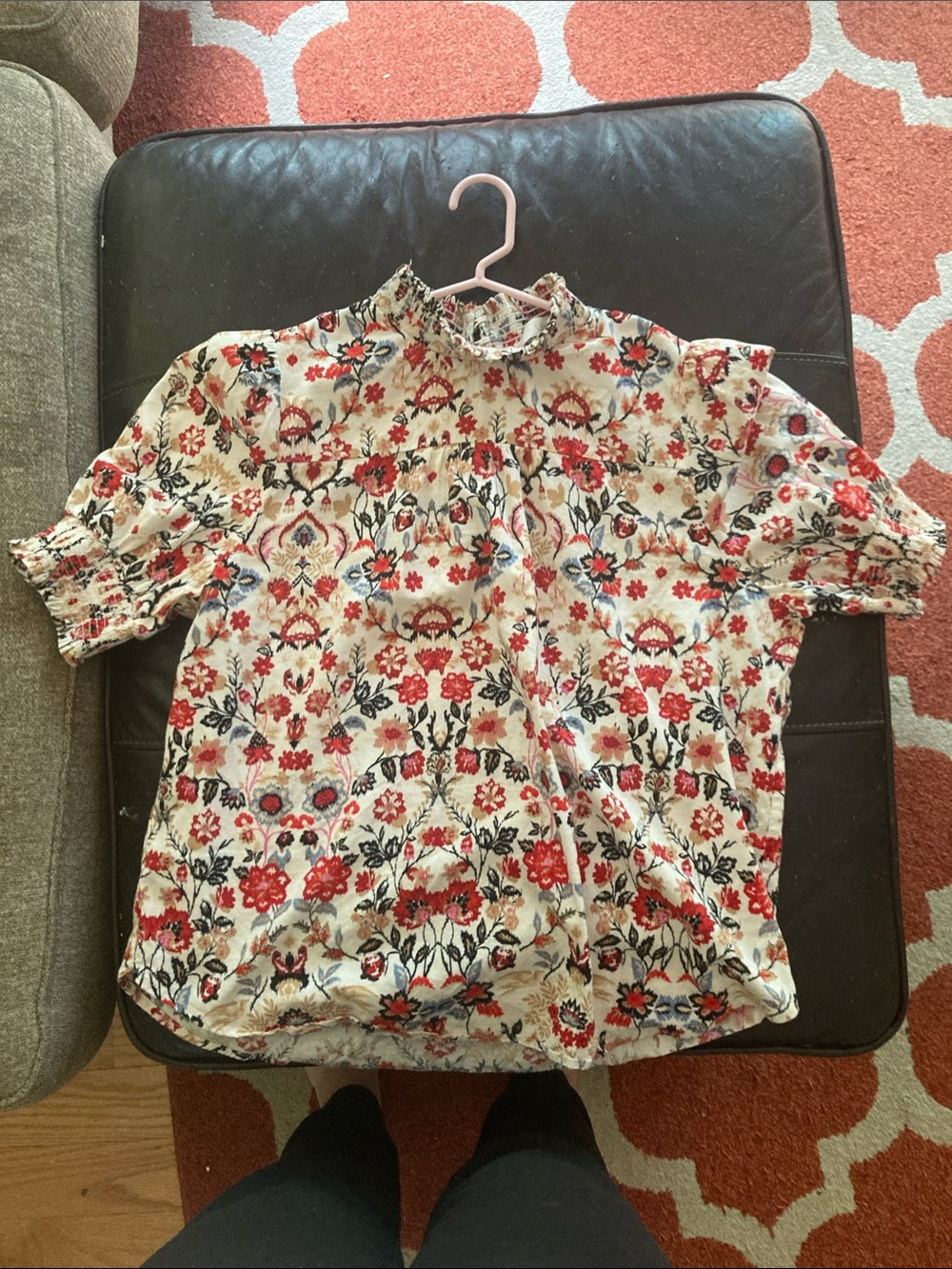 LOFT Floral Smocked Neck Short Sleeve Blouse in Cream and Red - Picture 1 of 3